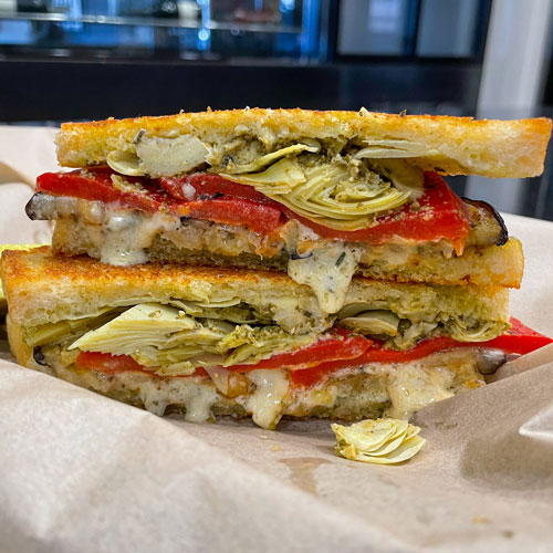 Grilled eggplant, pesto artichokes, cambozola cheese, roasted red pepper on grilled sourdough